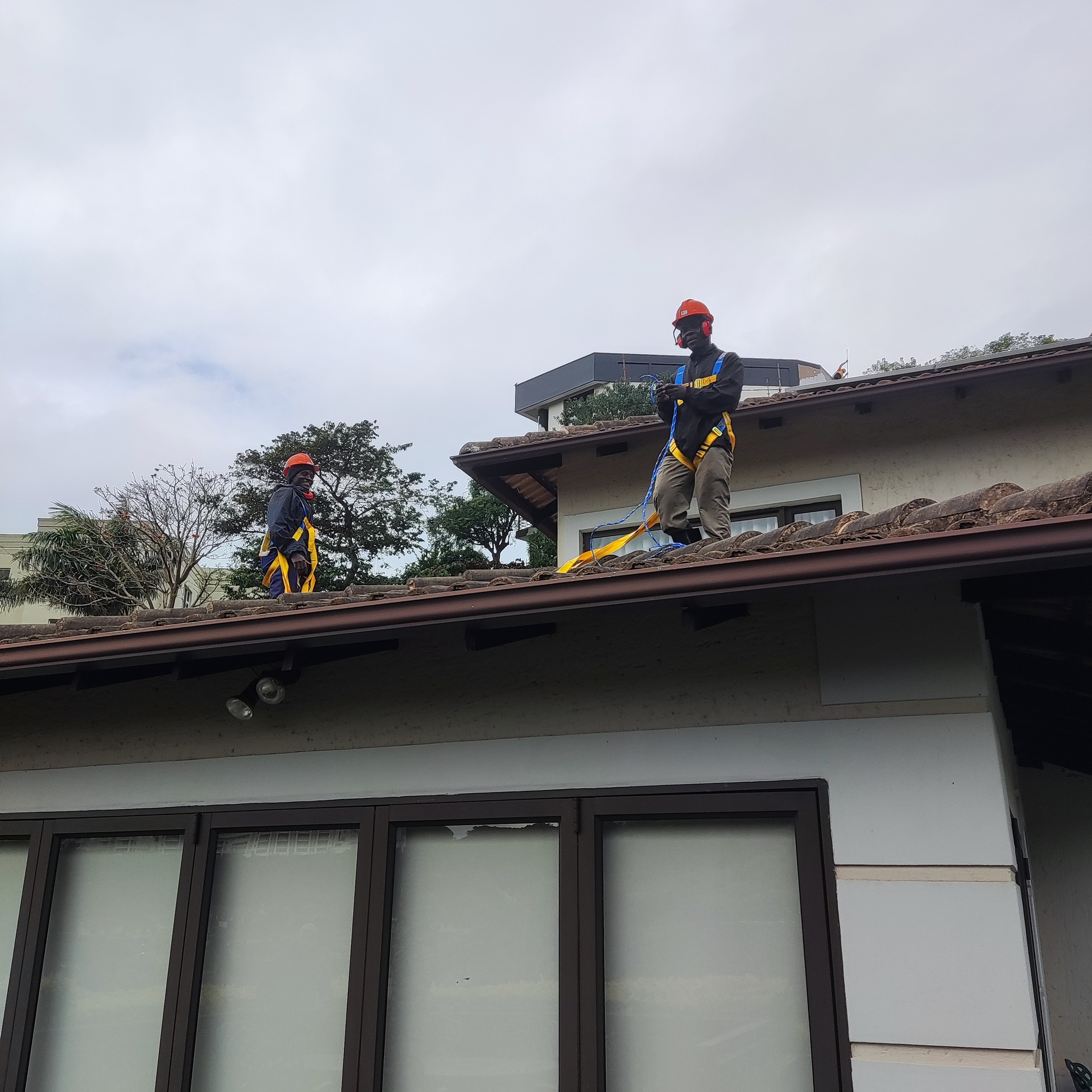 Roof cleaning crew on jobsite with safety gear